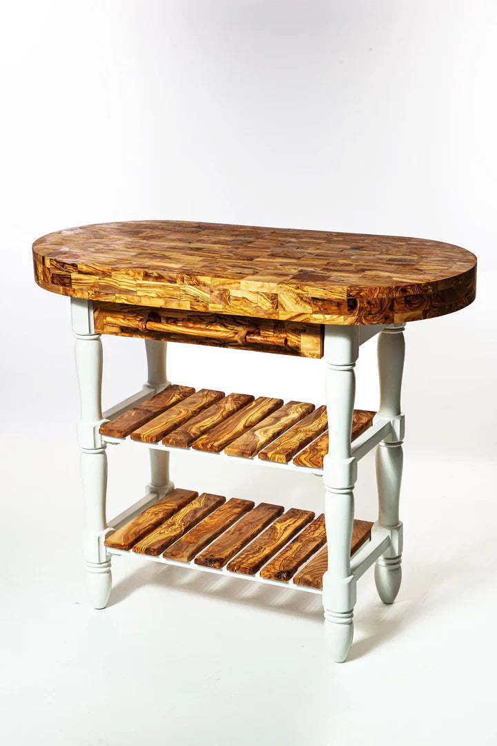 Premium Olive Wood Butcher Block Kitchen Island with Shelving Storage