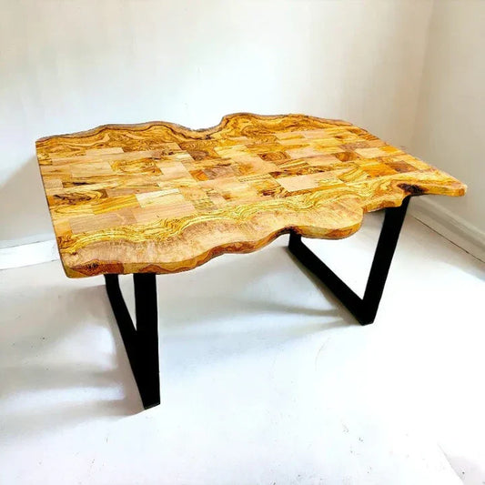 Irregular Live-Edge Rustic Olive Wood Side Table with Metal Frame