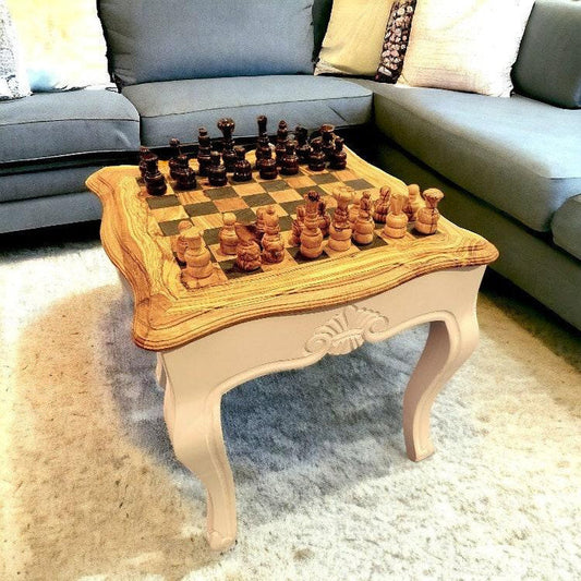 Handcrafted Olive Wood Chess Table with Metal Frame